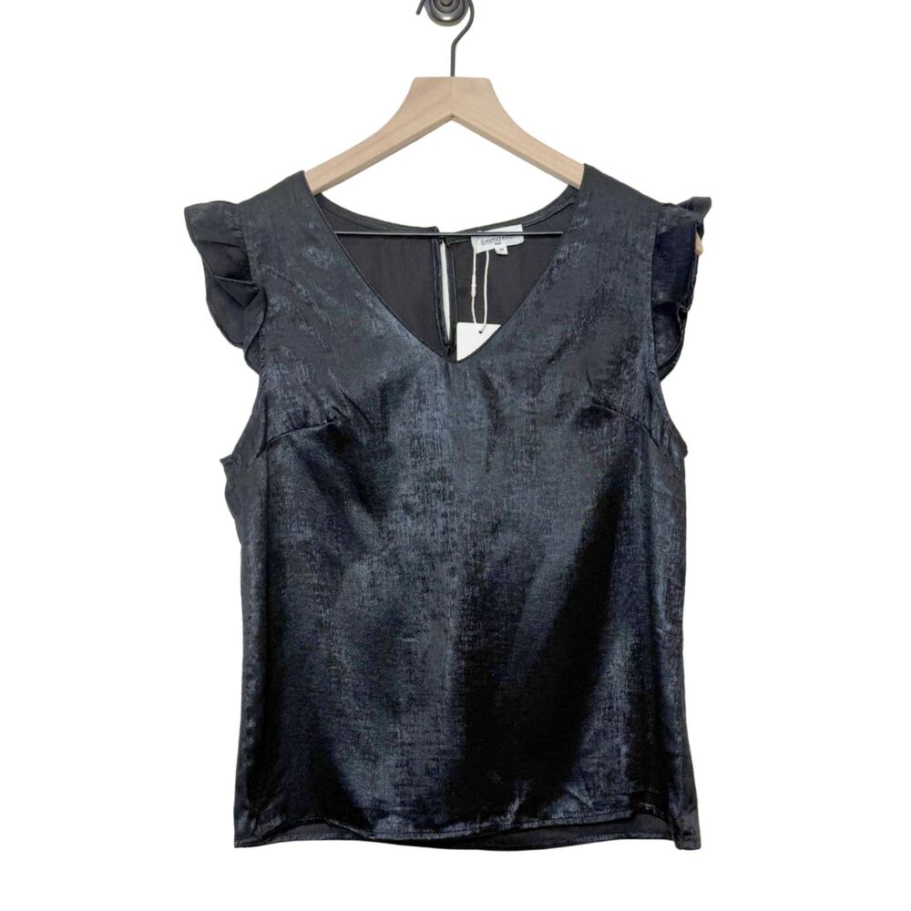 NWT Emma Ella Paris Black Mettalic Ruffle Sleeve V Neck Tank Size M